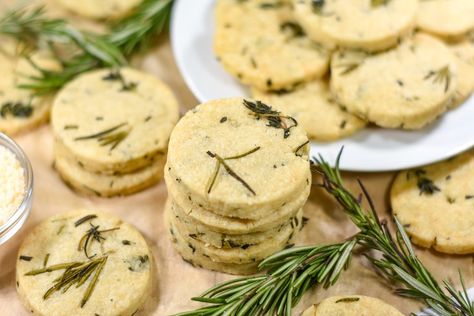 A recipe for rosemary shortbread cookies made with fresh herbs and Parmesan. Pair this easy-to-make shortbread with cheese, nuts, olives, or fruit. A savory spin on traditional shortbread biscuits! Herb Shortbread, Savory Shortbread, Rosemary Shortbread Cookies, Rosemary Shortbread, Cheese Recipes Appetizers, Shortbread Biscuits, Gf Flour, Shortbread Recipes, Wine Night