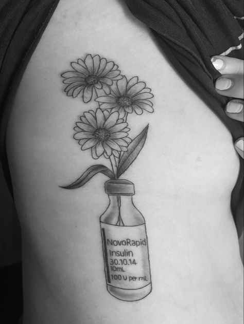 Insulin Bottle With Flowers Tattoo, Insulin Vial With Flowers Tattoo, Insulin Tattoo Ideas, Insulin Bottle Tattoo, Insulin Vial Tattoo, Insulin Tattoo, Type 1 Tattoo Ideas, Vial Tattoo, Healthcare Tattoos For Women