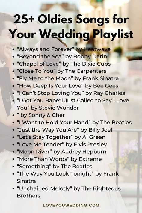 25 Amazing Oldies Songs for Your Wedding Music Playlist. Don't overlook the classics and oldies when crafting your wedding music playlist for the reception! Check out our list of the '25 best ever vintage and oldies wedding songs' for your dance floor playlist. Click through to see the entire collection. Wedding Song Playlist, Oldies Songs, Wedding Music Playlist, Wedding Playlist Reception, Wedding Music Band, Stolen Glances, Wedding Song List, Wedding Ceremony Songs, Wedding Reception Music