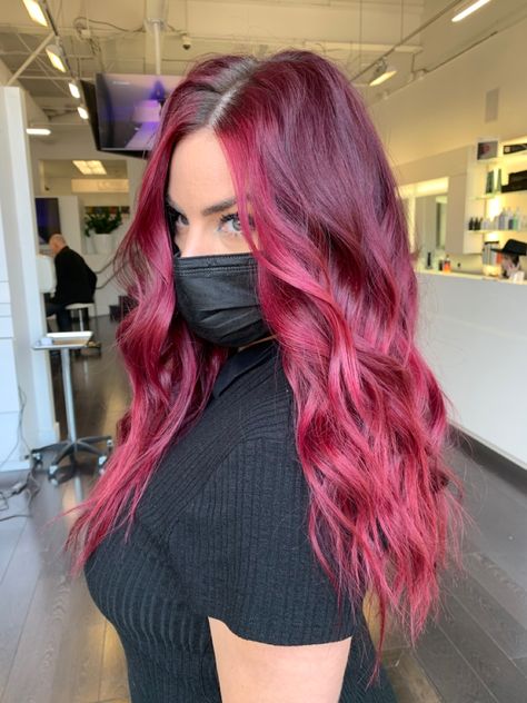 Guytang color. Red hairstyles Cristophe in Newport Beach Red Hair With Pink Balayage, Red Pink Balayage Hair, Red To Pink Balayage, Red And Pink Ombre Hair, Red With Pink Hair, Dark Red Hair With Bright Red Highlights, Deep Winter Red Hair, Red To Pink Ombre Hair, Pink Red Hair Color