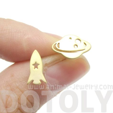 Saturn Rocket Silhouette Shaped Space Themed Stud Earrings in Gold | Allergy Free Mens Diamond Stud Earrings, Space Jewelry, Earthy Jewelry, Black Gold Jewelry, Mens Gold Jewelry, Fine Silver Jewelry, Bar Stud Earrings, Jewelry Post, Earrings In Gold