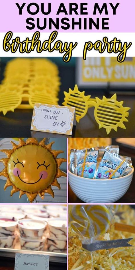 No matter what time of year your child's birthday lands in, a you are my sunshine themed party is sure to brighten their day! Here are the sunshine birthday party ideas we used for our daughter's party, from food to decor to sunny activities! Sunshine Theme Party Decoration, Youre My Sunshine Party 1st Birthdays, Yellow 3rd Birthday Party, Sunshine Birthday Theme Food, Sunny Themed Birthday Party, Sunshine Birthday Food Ideas, Weather Party Decorations, You Are My Sunshine Food Ideas, Four Cast Is Bright And Sunny Party