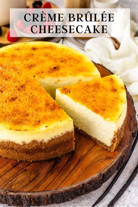 This Crème Brûlée Cheesecake combines the creaminess and richness of a traditional cheesecake with the crunchy caramelized sweetness of creme brûlée. This decadent dessert features a buttery graham cracker crust, a rich cheesecake filling with vanilla bean speckles, and a layer of crunchy caramelized sugar on top. Cheesecake Brulee, Steamed Cheesecake, Crème Brûlée Cheesecake Bars, Cream Brulee Cheesecake, Creme Brulee Cheesecake Recipe, Crem Brule Cheesecake, Salted Caramel Creme Brulee Cheesecake, Vanilla Bean Creme Brulee Cheesecake, Caramel Creme Brulee