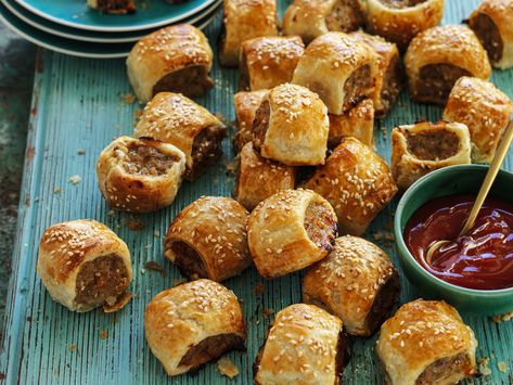 Best-Ever Pork Sausage Rolls Beef Sausage Rolls, Lamb Sausage, Finger Food Recipes, Homemade Sausage Rolls, Sausage Rolls Recipe, Spiced Lamb, Canapes Recipes, Caramelised Onion, Beef Sausage