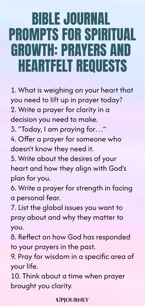 Explore these insightful Bible journal prompts designed to deepen your spiritual growth. Reflect on prayers and heartfelt requests as you journey through your faith walk. Let these prompts guide you in connecting with God on a deeper level and finding peace in His presence. Great for personal devotionals or group discussions, start your journaling journey today! Journal Prompts For Christians, Christian Journaling Prompts, Christian Journal Ideas, Bible Journaling Prompts, Bible Journal Prompts, Christian Journal Prompts, Prayer Journal Prompts, Psychology Terms, Relationship Quizzes