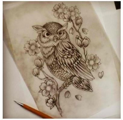 Owl and cherry blossoms! Pretty I like the shape, and that it's in black and white. Not my style owl Owl And Cherry Blossom Tattoo, Owl Thigh Tattoos, Blossoms Tattoo, Owl Tat, Tattoo Owl, Turtle Tattoo Designs, Thigh Tattoos, Turtle Tattoo, Cherry Blossom Tattoo