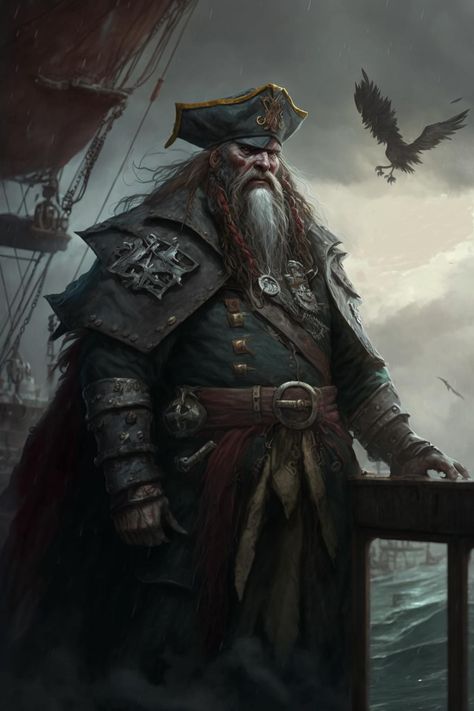 Wereshark Pirate, Goliath Pirate Dnd, Evil Pirate Art, Pirate Character Concept Art, Dnd Ship Captain, Pirate Captain Male, Old Pirate Character, Ship Captain Character Design, Fantasy Pirate Art Male