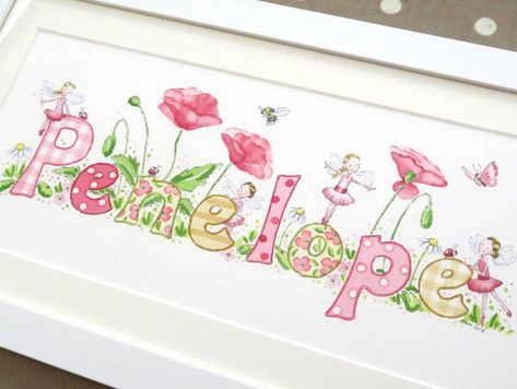 Name Decorations Letters, Kids Name Art, Fairies And Flowers, Dancing Fairies, Fairy Name, Nursery Name Art, Cream Nursery, Baby Name Art, Family Prints