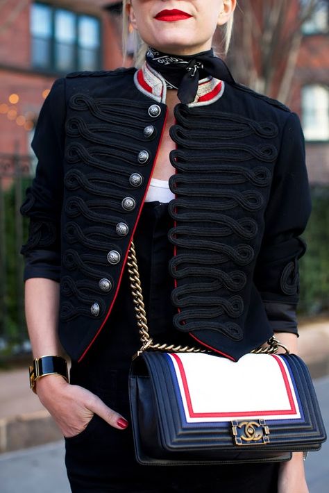 A band jacket and chanel purse // Fashion details on Atlantic-Pacific Teddy Dress, Dope Jackets, Band Jacket, Blair Eadie, Jacket Details, Atlantic Pacific, Fashion Sites, Military Inspired, Fashion Images