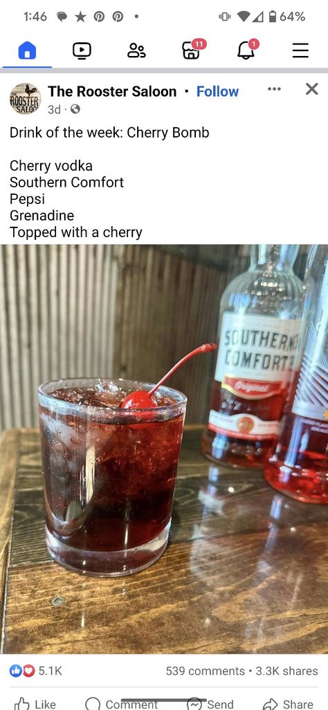 Cherry Bomb Drink, Cherry Vodka, Fun Drinking Games, Unique Drink, Southern Comfort, Alcohol Drink Recipes, Cherry Bomb, Drinking Games, Adult Drinks