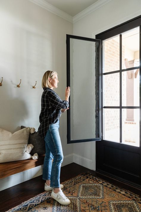 One Way Glass Front Door, Black Door With Glass Panel, Double Front Entry Doors With Screen Door, All Glass Exterior Door, All Glass Back Door, Front Door Modern Farmhouse Entrance, Black Front Door With Screen Door, Black Glass Entry Door, French Door Door Handles