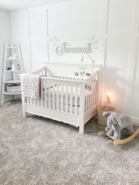 Nursery Grey And White, Grey Baby Girl Nursery, Baby Nursery Grey, Lavender Nursery Girl, Pottery Barn Nursery, Nursery Grey, Nursery Tour, Grey Baby Nursery, Ivf Baby