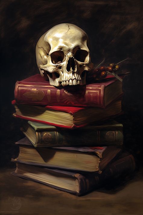 skull, book, oil painting, dark academia, dark academia decor Skull Books, Memento Mori Art, Pop Art Painting, A Skull, Painting Still Life, Artist Life, Skull Art, Still Life Painting, Framed Canvas Prints