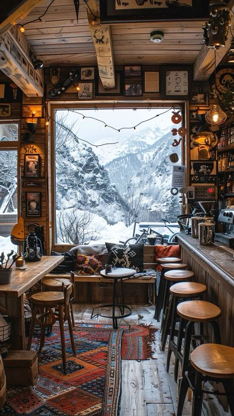 Cozy Shop Aesthetic, Coffee Shop Fireplace, Coffee Shop Design Aesthetic, Cafe Inspired Kitchen, Cozy Bar Aesthetic, Coffee Shop Ideas Cozy, Mountain Coffee Shop, Cozy Cafe Interior Coffee Shop, Cozy Coffee Shop Aesthetic