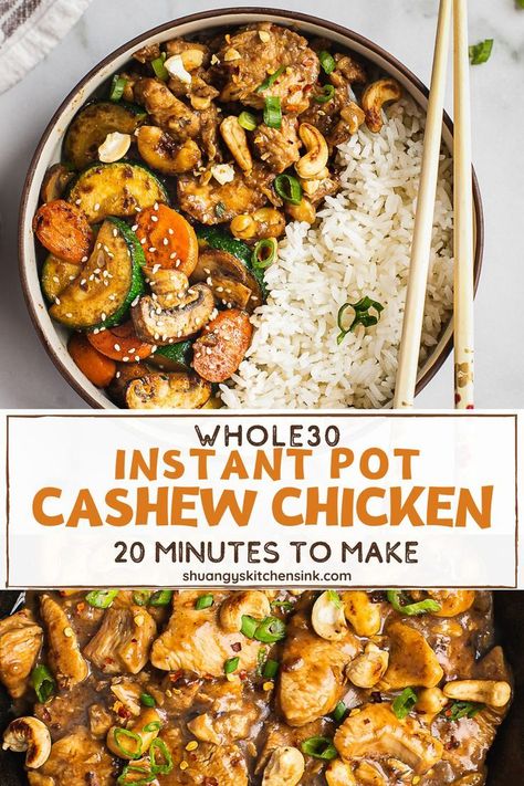 25 reviews · 25 minutes · Gluten free · Serves 8 | Whole30 Instant Pot Cashew Chicken | This Instant Pot Cashew Chicken tastes better than our favorite Chinese takeout but it’s much healthier. It is Whole30, Paleo, gluten free friendly. It only takes… More Instant Pot Cashew Chicken, Whole30 Instant Pot, Healthy Asian Recipes, Cashew Sauce, Paleo Chicken Recipes, Healthy Paleo Recipes, Chinese Takeout, Easy Healthy Lunches, Cashew Chicken