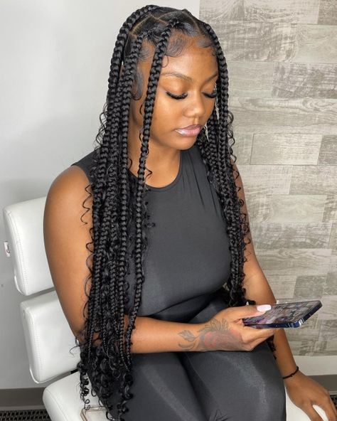 Statement Jumbo Braids with Curls Jumbo Braids With Curls, Jumbo Braids With Beads, Large Braids, Braids Large, Knotless Braids Styles, Knotless Braids Hairstyles, Braids Styles, Jumbo Braids, Small Braids