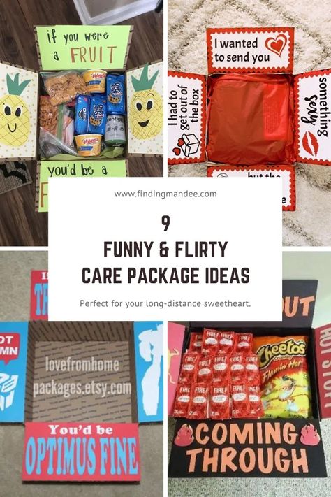 9 Funny and Flirty Care Package Ideas - finding mandee Care Package Ideas For Best Friend Long Distance, Long Distance Care Package Girlfriend, Boyfriend Long Distance Gifts Care Packages, Cute Care Package Ideas For Boyfriend Long Distance, I Miss You Box Care Packages, Flirty Ideas, Boyfriend Questions, Boyfriend Care Package, Love Message For Girlfriend