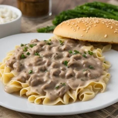 Simple Hamburger Stroganoff Recipe Hamburger Stroganoff Recipe, Hamburger Stroganoff, Stroganoff Recipe, Hamburger Helper, Sauteed Vegetables, Sliced Mushrooms, Creamed Mushrooms, How To Cook Eggs, Creamy Sauce