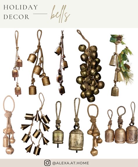 Holiday Decor - Bells Brass Christmas Bells, Cow Bell Decor Ideas, Gold Christmas Bells, Christmas Rules, Bell Decor, Decor Storage, Christmas Mantle, Boho Christmas, Christmas Mantels