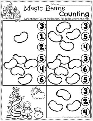 Magic Beans Counting - Fairy Tale Preschool Worksheets Fairytales Theme Preschool Lesson Plans, Fairytale Preschool Activities Free Printables, Nursery Rhymes Worksheets Preschool, Fairy Tale Worksheets Preschool, Fairy Tale Math Preschool, Rumplestiltskin Preschool Activities, Fairytale Worksheets Preschool, Preschool Fairy Tale Crafts, Fairy Tale Activities For Kids