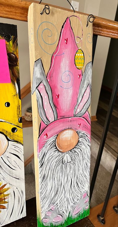 Bunny Gnome Painting, Spring Gnomes Painted On Wood, Easter Board Signs, Spring Porch Leaners, Gnome Painting Canvas Diy, Easter Gnome Painting, Gnomes Crafts Wood, Spring Gnome Painting, Painted Gnomes On Wood