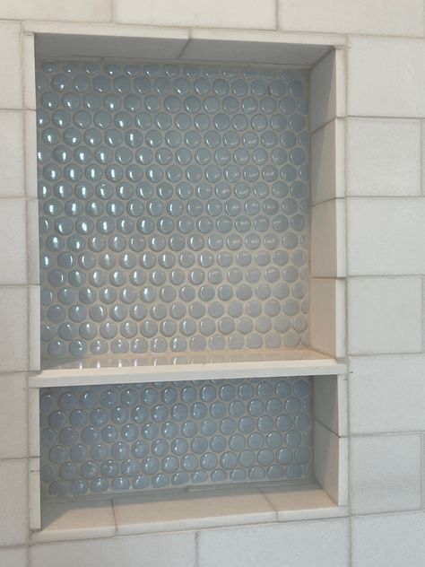 Blue Shower Niche, Blue Penny Tile Shower Floor, Light Blue Penny Tile, Penny Tile Shower Niche, Penny Tile Niche, Blue Penny Tile Bathroom, Penny Tile Shower Floor, Shower Niche Ideas, Blue Penny Tile