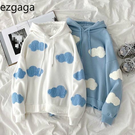 Korean Fashion Kawaii, Cloud Sweatshirt, Moda Kpop, Preppy Aesthetic Outfits, Cute Clouds, Preppy Mode, Kawaii Sweatshirt, Harajuku Hoodie, Fashion Kawaii