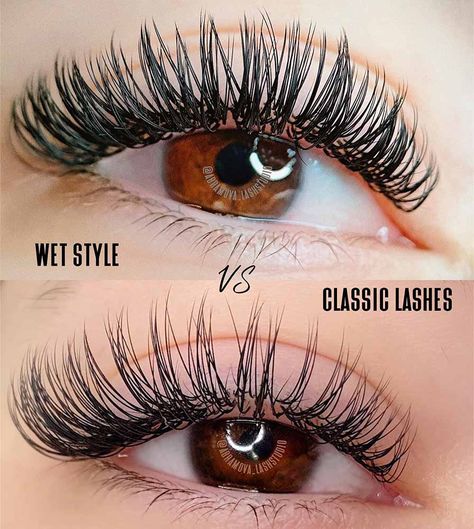 Wet Look Lash Extensions, Wet Set Lash Extensions, Types Of Eyelash Extensions, Eyelash Extensions Classic, Natural Fake Eyelashes, Full Eyelashes, Wet Style, Eyelash Primer, Lashes Fake Eyelashes