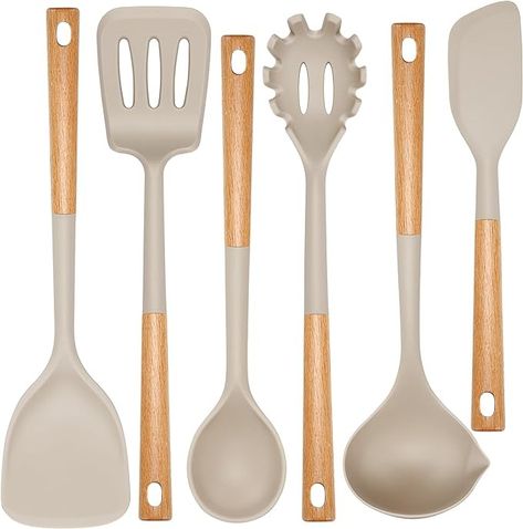 Amazon.com: NCUE Kitchen Utensils Set, Large Non-stick Silicone Cooking Utensils Set 6 Pcs, Wooden Handle Heat Resistance Silicone Spatula Soup Ladle Pasta Server Kitchen Gadgets Utensils Set BPA Free (Khaki) : Home & Kitchen Server Kitchen, Kitchen Utensil Storage, Pasta Server, Kitchen Utensils Set, Silicone Cooking Utensils, Kitchen Cookware Sets, Silicone Kitchen Utensils, Utensil Storage, Soup Ladle