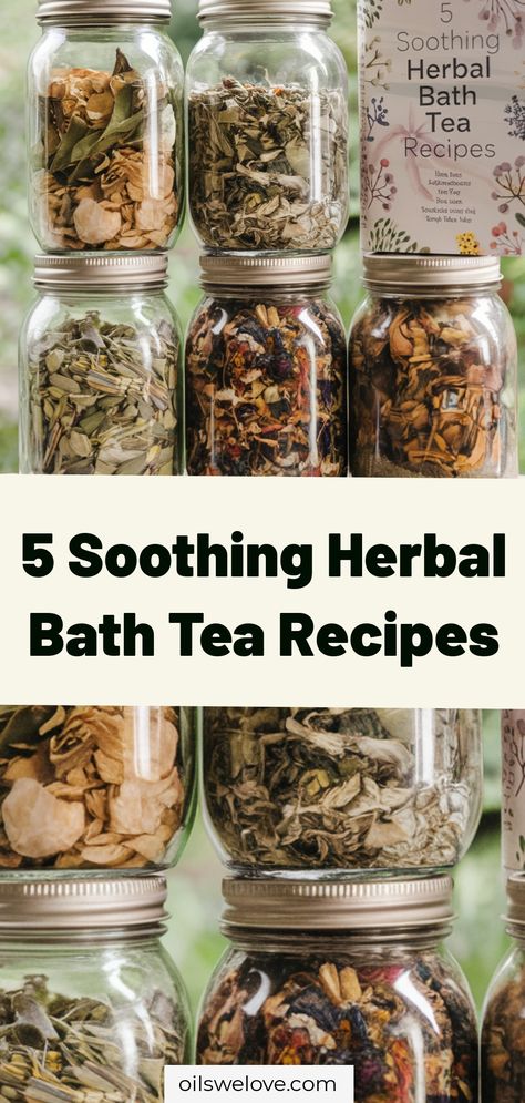 5 Soothing Herbal Bath Tea Recipes: Relax and Unwind with these All-Natural Blends! Boost your self-care routine with these DIY herbal bath teas that will leave you feeling refreshed and rejuvenated. Perfect for a relaxing soak after a long day, these herbal blends are made with simple ingredients like lavender, chamomile, and peppermint to help calm your mind and soothe your body. Try out these easy-to-make recipes for a spa-like experience right at home. #herbalbathtea #DIYbeauty #selfcare #relaxation #naturalskincare Herbal Tea Recipes Diy, Diy Bath Tea Recipes, Bath Tea Bags Diy, Diy Bath Soak Recipes, Chamomile Recipes, Herbal Bath Recipes, Bath Tea Recipe, Natural Hygiene, Bath Teas