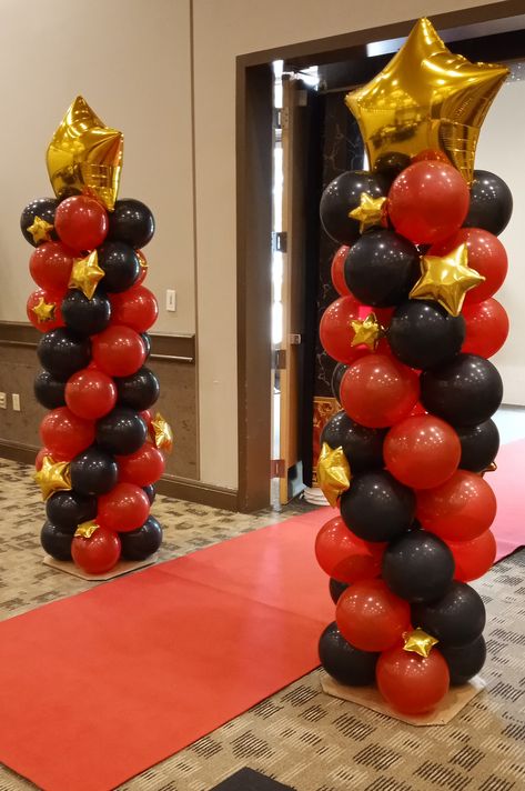 A Night At The Oscars Prom Theme, Decor For School Event, Black Gold And Red Party Decorations Hollywood Theme, Grammys Prom Theme, Small Indoor Ceremony Decor, Star Balloon Column, Red Carpet Balloon Decorations, Hollywood Party Decorations Diy, Hollywood Banquet Theme