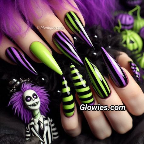 Purple N Blue Nails, Fun Nail Ideas Acrylic, Beetlejuice Acrylic Nails, Black And Purple Halloween Nail Designs, Bettle Juice Nail Ideas, Rave Nails Festivals, Beetlejuice Nails Acrylic, Beetlejuice Nail Designs, Halloween Nails Beetlejuice