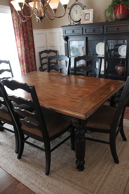 Paint dining room set black - leave top as wood and glass - Black Dining Room Sets, Brown Dining Room, Glass Dining Set, Dining Room Furniture Sets, Black Dining, Dining Room Makeover, Black Dining Room, Table Chairs, Dining Room Set