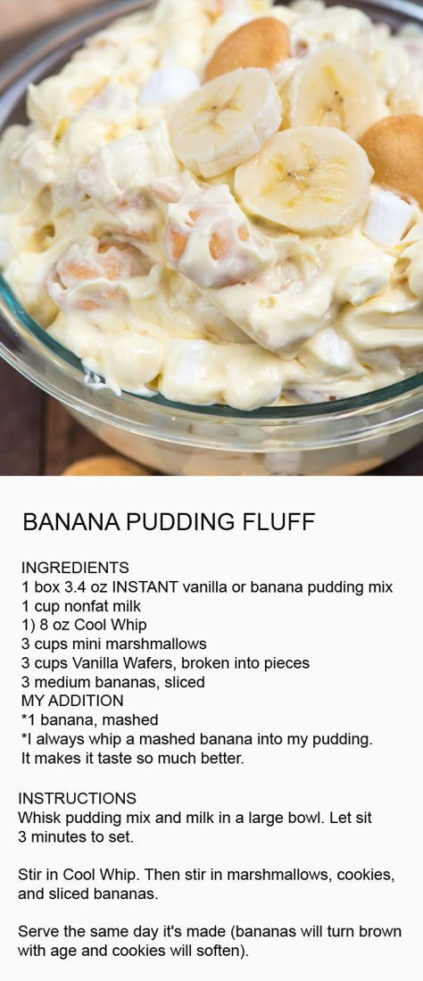 Banana Pudding Fluff, Pudding Fluff, Fluff Recipe, Fluff Desserts, Fruit Salads, Dessert Salads, Monkey Bread, Banana Recipes, Yummy Sweets