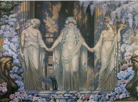 "The Women of Eleusis" by Jean Delville with connotations of theosophical enlightenment. Jean Delville, Alfred Stevens, Three Women, Digital Museum, Three Graces, Arte Inspo, Art Et Illustration, Old Paintings, Visionary Art