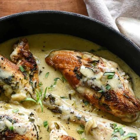 Audrey Le Goff on Instagram: "Chicken, fresh tarragon, cream and white wine are no strangers to a French kitchen – and they all come together wonderfully in this classic French-bistro fare. This creamy French Chicken Tarragon, known as “Poulet à l’Estragon”, is a simple one-pan recipe that’s both comforting and fresh tasting. Chicken thighs are first browned and braised in white wine for tenderness. Cream is then added for extra richness. But it’s really fresh tarragon, a staple herb in French c Chicken Tarragon, French Chicken, Chicken Fresh, Pan Recipe, French Kitchen, French Bistro, One Pan Meals, Chicken Thighs, White Wine