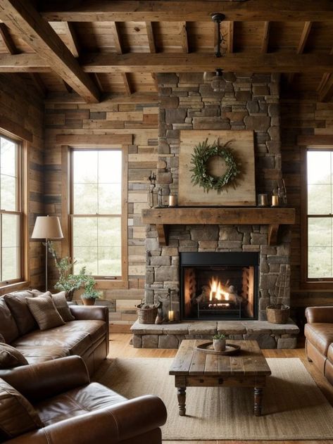 Rustic Industrial Fireplace, Rustic Kitchen Living Room Combo, Fireplace Ideas Cabin, Small Living Room Mantle, Fireplace With Stone And Wood, Rock Wall With Fireplace, Casual Contemporary Living Room, Farmhouse Fireplace Ideas Rustic Stone, Farmhouse Fireplace Ideas Joanna Gaines