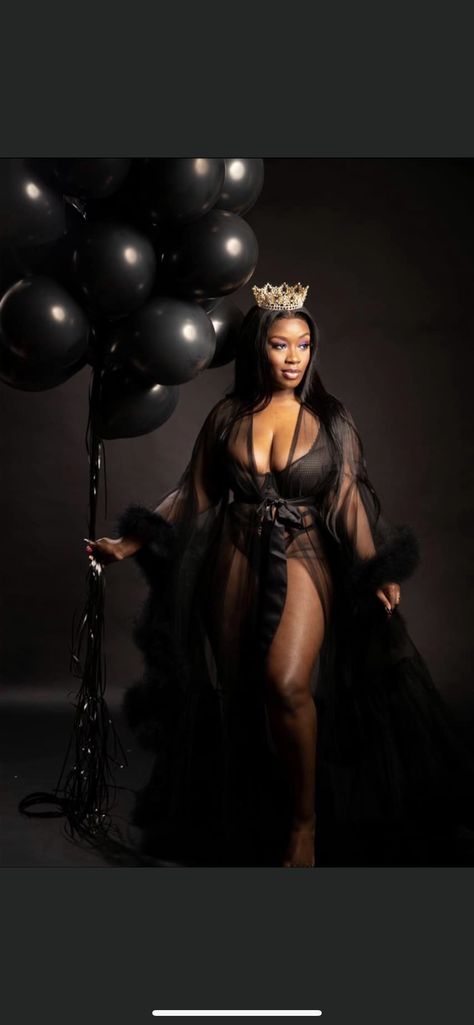 Black Robe Photoshoot, Birthday Boudiour Photoshoot Ideas, Plus Size Photo Shoot Ideas Birthday, Lingerie Birthday Photoshoot, All Black Birthday Photoshoot, 30th Birthday Photoshoot Black Women, 30th Bday Photoshoot, Bridal Robes Long, Plus Size Birthday Photoshoot