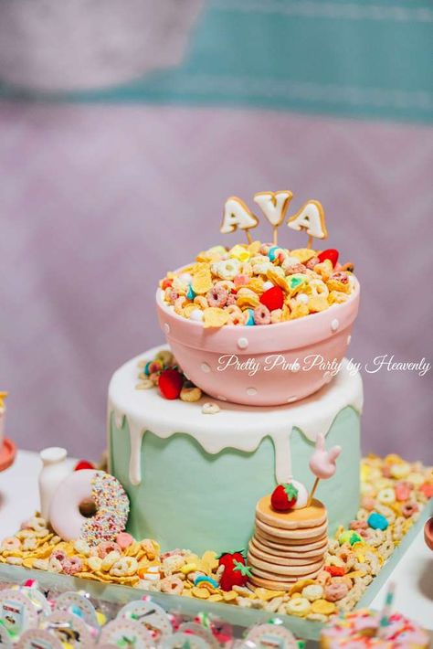 Whimsical Breakfast Themed Birthday Party | CatchMyParty.com Breakfast Themed Birthday Cake, Brunch Cakes Birthday, Pajama Party Birthday Cake, Breakfast Party Decor, Pancakes And Pajamas Birthday Cake, Breakfast Themed Cake, Breakfast Anyone Birthday, Breakfast Birthday Cake, Breakfast Themed Birthday Party