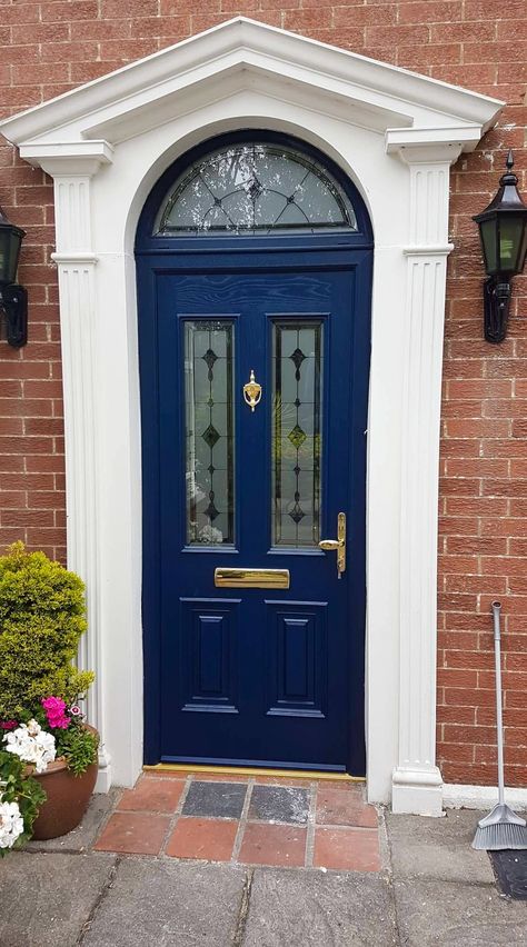 Blue Palladio door set This Palermo door looks amazing with its curve fanlight. By Murphy Larkin Blue Doors Front Entrance, Palladio Doors, Arched Front Door, Paint Door, Blue Front Door, Kerb Appeal, Exterior Front Doors, Door Upgrade, House Front Door