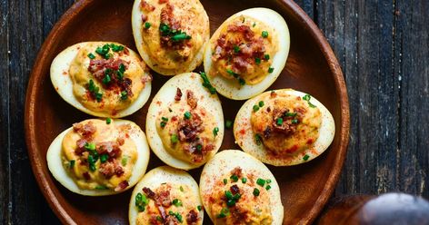 Traeger Smoked Deviled Eggs Recipe | Traeger Grills Smoked Deviled Eggs In Smoker, Football Game Appetizers, Smoked Deviled Eggs Recipe, Game Appetizers, Egg Smoker, Vegetable Cocktails, Smoked Eggs, Smoked Deviled Eggs, Bacon Chili