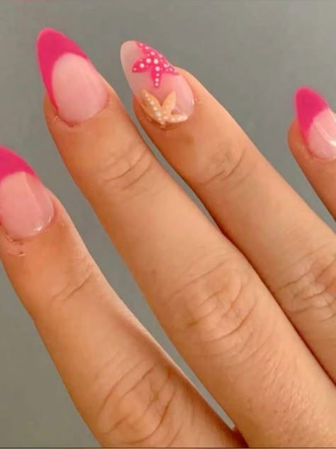 Nail Ideas For Almond Nails, Coastal Nails Almond, Cute Nails Beach, Bright Beachy Nails, Beach Nails Starfish, Sunset Beach Nails, Cute Ocean Nails, Cute Almond Summer Nails, Cute Summer Nail Inspo Almond