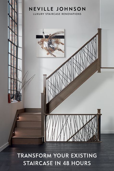 Transform your existing staircase in 48 hours with no fuss, no mess and no building work. Request your FREE 100 page brochure today. Black Steel Stair Railing, Steel Staircase Design, Staircase Inspiration, Steel Staircase, Balustrade Design, Case Minecraft, Bespoke Staircases, Integrated Lighting, Staircase Designs