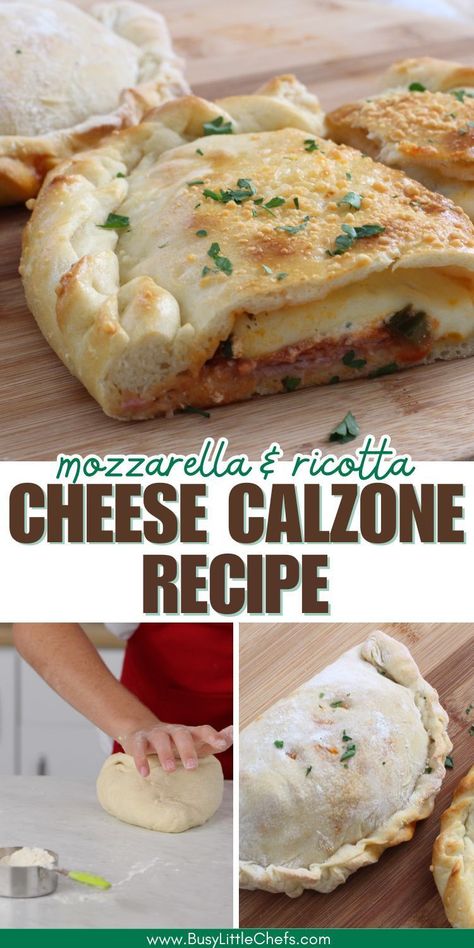 Got a pizza lover at home? Try this easy Italian mozzarella & ricotta cheese calzone recipe, it’s super yummy! This cheese calzone recipe can be made with store-bought or homemade pizza dough, roll it out, then add ricotta, mozzarella & parmesan cheese.  Delicious quick dinner ideas, healthy family meals, fun cooking with kids! ‘Homemade easy calzones with pizza dough recipe. Quick busy mom weeknight meals for families. Fast, simple school lunch ideas or kid snacks. Kid dinner ideas Calzone Recipe With Ricotta Cheese, Calzone Recipe Ricotta, Calzones With Pizza Dough, Cheese Calzone Recipe, Simple School Lunch Ideas, Kid Dinner Ideas, Quick Dinner Ideas Healthy, Dinner Smoothies, Easy Calzones