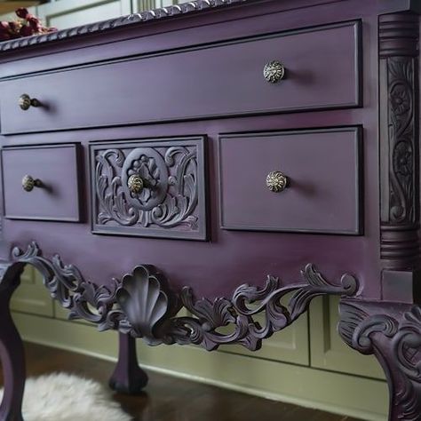 Purple Dresser, Hollywood House, Purple Furniture, Antique Bench, Purple Gothic, Wooden Things, Gothic Furniture, Goth Home Decor, Diy Furniture Renovation