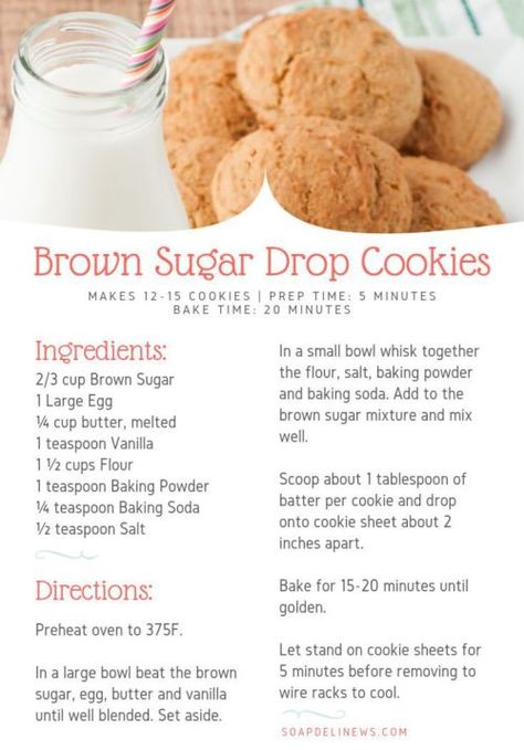 How To Make Homemade Cookies, Homemade Cookies Recipes, Drop Cookies Recipes, Sugar Drop Cookies, Chili Carne, Homemade Cookie Recipes, Brown Sugar Cookie Recipe, 1950s Food, Easy Homemade Cookies