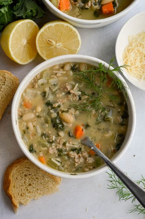 Bowl of lemon white bean soup with turkey and greens. Soup With Turkey, Summer Breakfast, Easy One Pot Meals, White Bean Soup, Soup Season, Winter Recipes, White Bean, January 11, Healthy Eating Recipes