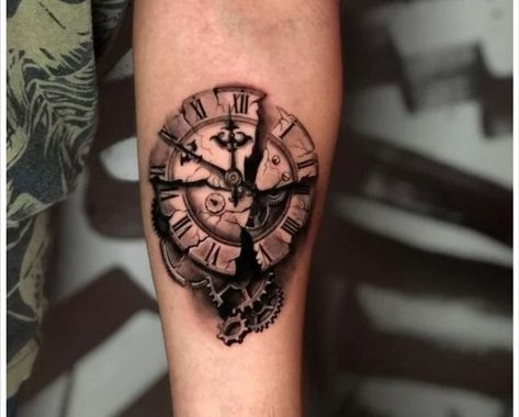 Clock Tattoo With Name, Crumbling Clock Tattoo, Breaking Clock Tattoo, Smashed Clock Tattoo, Tattoo Ideas For Men Clock, Clock Knee Tattoo, Viking Clock Tattoo, Tattoo Clock Men, Time Tattoo Ideas For Men