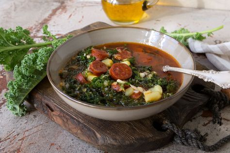 Kale Soup With Potatoes and Smoked Chorizo – Olympia Provisions Soup With Chorizo, Portuguese Soup, Soup With Potatoes, Kale Soup Recipes, Kale Soup, Food Soup, Kielbasa, Plum Tomatoes, Russet Potatoes