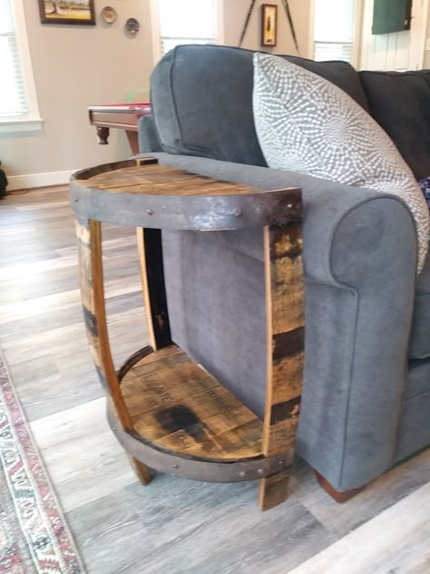 Whiskey Barrel Furniture Ideas, Bourbon Barrel End Table, Wine Barrel Side Table, Diy Whiskey Barrel Projects, Whiskey Barrel End Table, Whiskey Barrels Ideas, Barrel Table Ideas, Whiskey Barrel Table Diy, Bourbon Barrel Projects